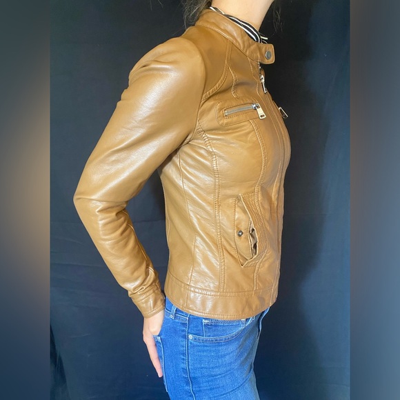 ONLY Brand faux leather biker jacket lined women’s Carmel colour - Picture 4 of 15
